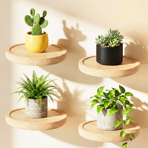 IDUNSEED 4PCS Decorative Shelf for Wall Floating Circular Solid Wood Shelves Space-Saving Decorative Storage Shelves with Candles Planter Pots Ornaments for Bedroom Living Room Bathroom Offices