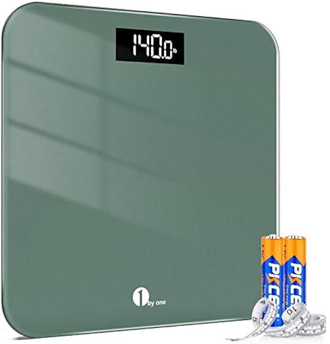1 BY ONE Digital Body Weight Scale, Bathroom Weighing Scale for People with Large LED Display, 400 lbs,Tape Measure and Batteries Included