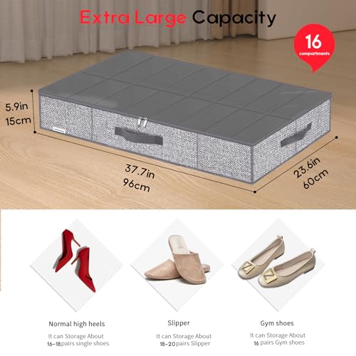 Onlyeasy Sturdy Under Bed Shoe Storage Organizers with Handles & Clear Window (16 to 32 Pairs) 2 Pack, Closet Shoes Containers Boxes for Kids & Adults, 37.7"x23.6"x5.9", Linen-like Grey, MXDUBS16P2