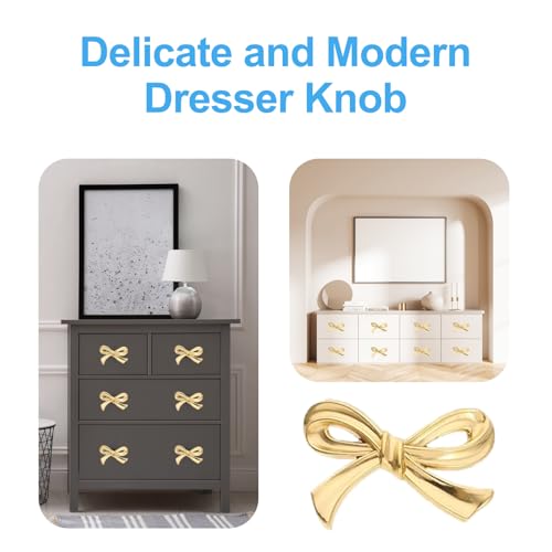 FUCIHOMA 6 PCS Brass Bow Shape Cabinets Knobs Gold Drawer Pulls Decorative Bow Cupboard Pull Handles for Home Kitchen Cabinet Hardware Cupboard Dresser Wardrobe - Thumbnail 4