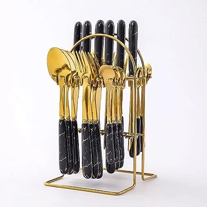 Image of MERISH Spoon Fork & Knife Set - Cutlery Set with Stand - Gold Plated | Stainless Steel - 24 Pcs (Black)
