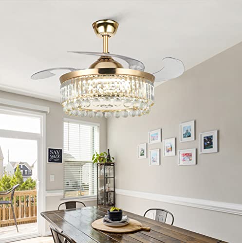 Fandian 42” Modern Ceiling Fan With Lights Remote, Smart Bluetooth Fandelier Crystal Chandelier Fan With Speaker, Rgb Dimmable Lighting, Reverse 6-Speeds Fan For Bedroom #TOP5