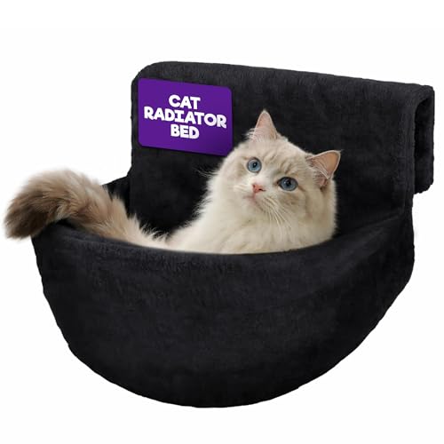 Petlicity Deluxe Radiator Cat Bed Round Cosy Fleece Basket Hammock with Raised Rim & Strong Iron Frame for Cats Kittens Puppy & Small Pets Washable Removable Cover Black