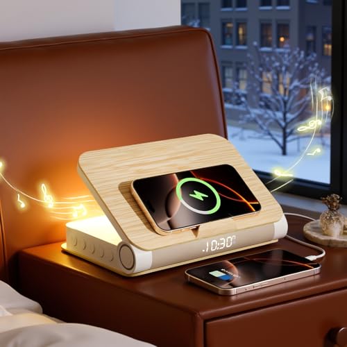 Vivilumens Alarm Clocks Wireless Charger Bluetooth Speaker Loud Sunrise Bedside Lamp for Heavy Sleepers Adults with Book Shape Wake Up Light for Bedroom Home Decor （Wooden Grain）
