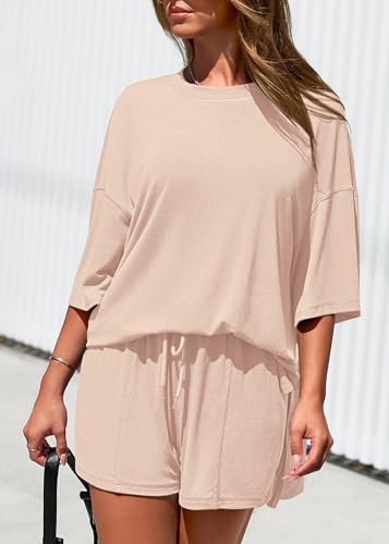 KIRUNDO 2 Piece Sets for Women Summer Lounge Sets Casual Oversized Tshirts Shorts Matching Airport Travel Outfits Postpartum(Beige, Large) — view 6