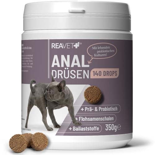 ReaVET Analdrüsen Unterstützung Hund 350g (140 Drops) Bei Po-Rutschen & vollen Analdrüsen Flohsamenschalen Ballaststoffe & lebende Kulturen Für Feste Kotkonsistenz Getreidefrei