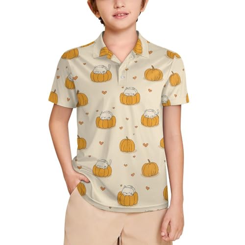 Boys' Classic Polo Shirts Short Sleeve Moisture-Wicking Golf & Tennis Shirts for Youth Teens Cartoon Pumpkin Cat Halloween