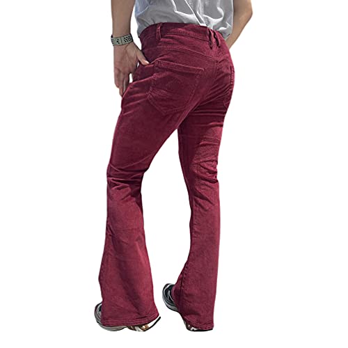 HAORUN Men Corduroy Bell Bottom Flares Pants Slim Fit 60s 70s Vintage Bootcut Trousers (Wine Red-Classic, 32)3