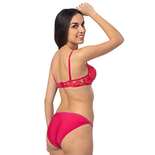 Image of Komli - Bridal Heavily Padded Push-Up Bra and Panty Set - Cotton Rich - Balconette - Seamless, Wireless, 3 /4th Coverage - Embroidered Multicolor Lace on Cups with Halter Straps