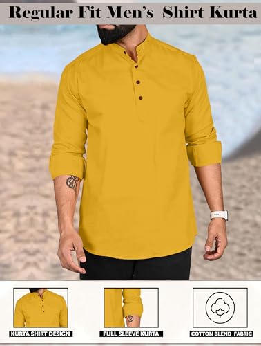 Image of ROYALSCOUT Men Cotton Blend Short Kurta with Mandarin Collar and Button Placket | Full Sleeve Regular Fit Ethnic Wear for Casual and Festive Use