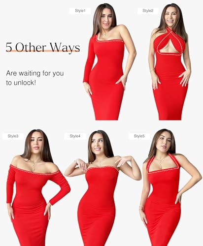 Image of Popilush Long Sleeve Midi Dresses for Women, Built-in Bra Shapewear Dress | Bodycon, Tummy Control, Square Neck, Cocktail Party and Dinners