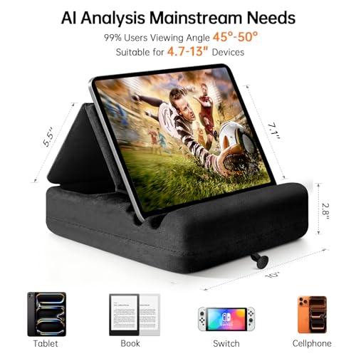 Image of Tablet Pillow Stand with Storage, Foldable iPad Holder for Lep, Bed, Sofa, and Desk - Soft Pad Dock with Pocket and Stylus Mount Compatible with 4-13 inch iPad Pro /Air /Mini, Galaxy Tab, Kindle