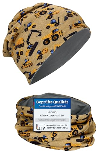 HECKBO Kids Beanie & Loop Set - Baufahrzeuge Bagger Laster - Jersey...