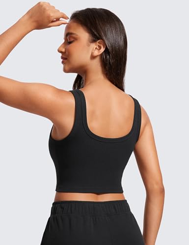 Image of CRZ YOGA Ribbed U Neck Crop Tank Tops | Medium Support, Removable Pads, Casual, Wide Straps, Longline Sports Bras for Women