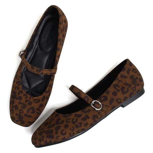 TN TANGNEST Women's Mary Jane Flats Classic Retro Velvet Ballet Flats Comfortable Square Toe Slip On Flats Soft Buckle Strap Flats Leopard Print 43(10)
