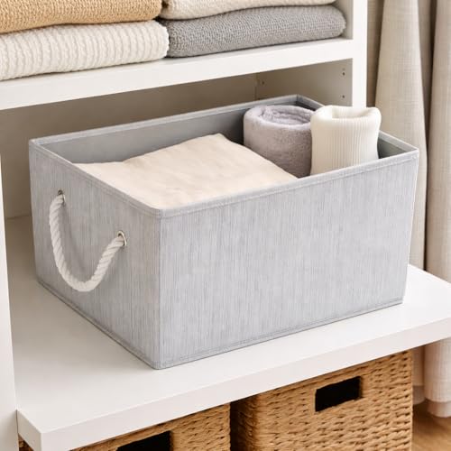Sukkri Gray Storage Bins with Cotton Rope Handles, 2 Pack Fabric Storage Baskets for Shelves, Closet Organizer Boxes, Collapsible Storage Box for Clothes s, 14.7 x 10.24 x 8.27 in by Sukkiri Homu - Used condition - US$11.14