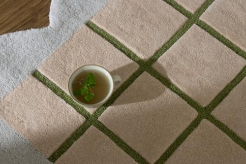 Image of Hand-Tufted Wool Area Rug - 1x1 Ft, Square Beige & Blush Windowpane Grid with Olive Green Lines & Light Lavender Scalloped Border, Soft High-Low Pile Carpet for Living Room, Bedroom & Nursery