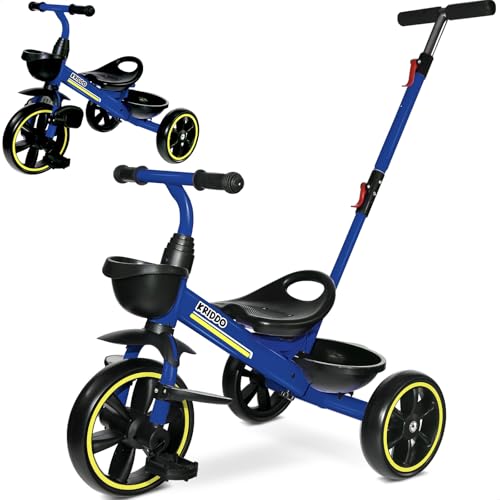 KRIDDO 2-in-1 Toddler Tricycle for Ages 18 Months to 5 Years Old - Extended Push Handle for Effortless Push, Gift Trike for Toddler 3 to 5 Year, Kids Tricycle with Foldable Front Footrest, Blue