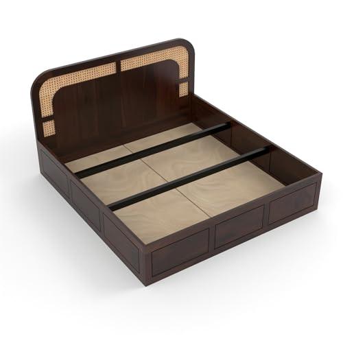 Image of Sheesham Wood Cane Bed with Box Storage for Bedroom | King Size Wooden Double Bed Palang with Curved Rattan Headboard (Walnut Finish)