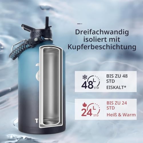 Trebo 3.8 L Edelstahl Trinkflasche Isoliert mit Paracord-Griff & 3 Deckeln – Ansicht 2