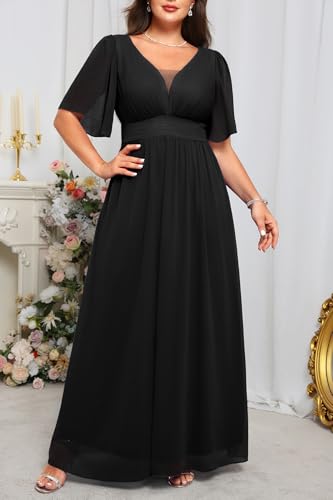 Plus Size Formal Dresses - V Neck Flutter Sleeves Evening Gowns Bridesmaid Wedding Guest Chiffon Long Maxi Dress2