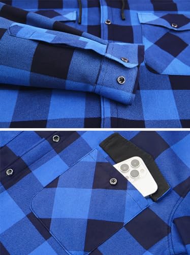 Boyzn Hemdjacke Herren mit Kapuze Flanellhemd Kariertes Jacke Warm Gefüttert Fleecejacke Freizeithemd Hoodie Herren Winterjacke mit Taschen Outdoor Sweatjacke Blue-Q1-3XL