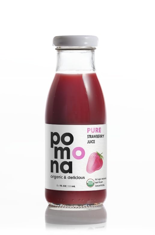 Image of Pomona Organic Strawberry Juice (Pack of 12), Cold Pressed USDA Organic Juices with 100% Strawberries, No Added Sugar, Not From Concentrate, Vegan, Kosher, Non GMO, Pasteurized, 8.4 oz Glass Bottles