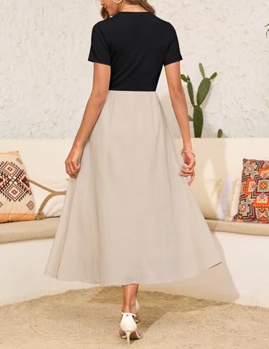 Annebouti Womens 2025 Summer Spring Maxi Dress Trendy Elegant Short Sleeve Cotton Top Casual Long Dress with Pockets3