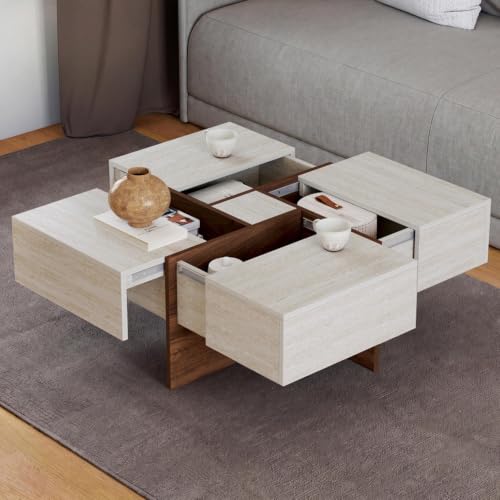 Table basse carrée TALIA 70 cm avec tiroirs bois effet noyer et plateau travertin - vue 3