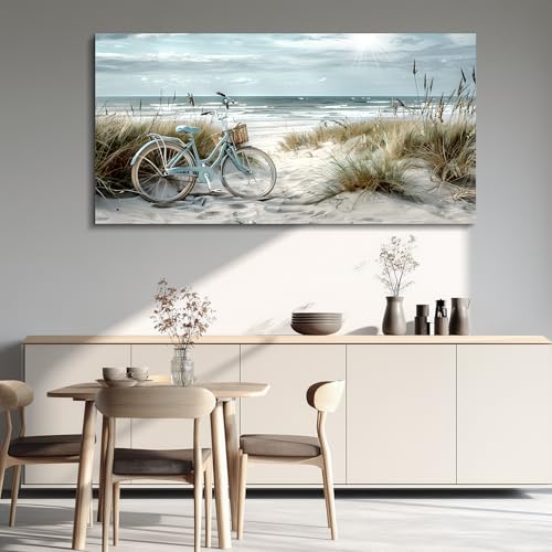 FUHAIHUA Wall Art For Living Room Canvas Decor For Bedroom Modern Office Decorations Blue Beach Bicycle Seascape Paintings Ocean Landscape Pictures Artwork Ready To Hang Home Decor by FUHAIHUA - Used condition - Image 5