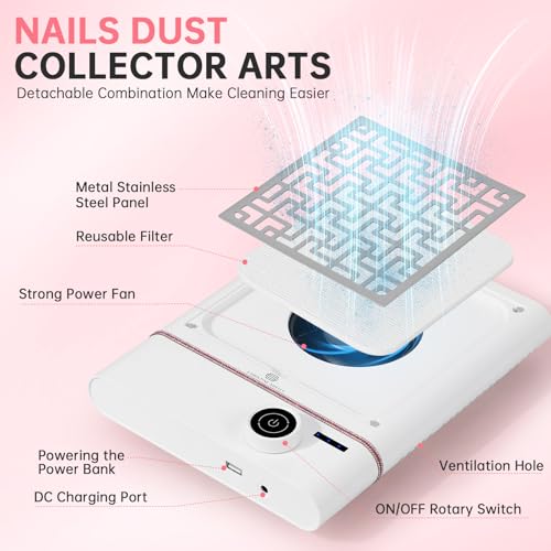 CHRISTINE SHELLY Nail Dust Collector, Bling Diamond Cordless Rechargeable 5000RPM Vacuum Nail Tech Fan Extractor, Professional Nail Duster Suction, Low Noise, Salon&Home — view 3