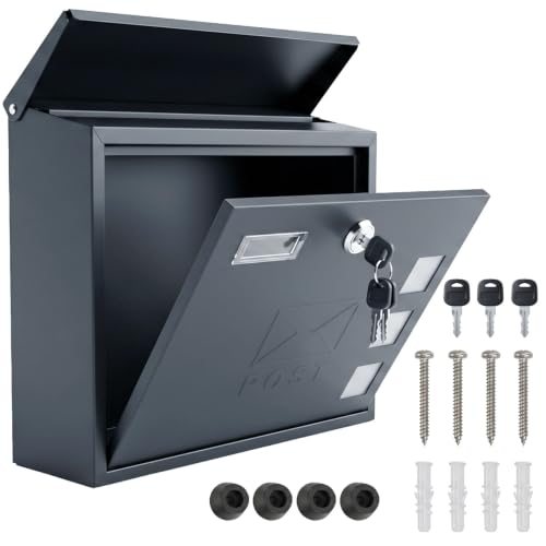 Image of Wall Mounted Letterbox, Post Box, Copper Lock Cylinder & Swivel Cap, Letter Box with 3 Viewing Window & Nameplate, Waterproof Postbox for Outside Wall, ANTHRACITE GRAY 35 x 30 x 10 cm