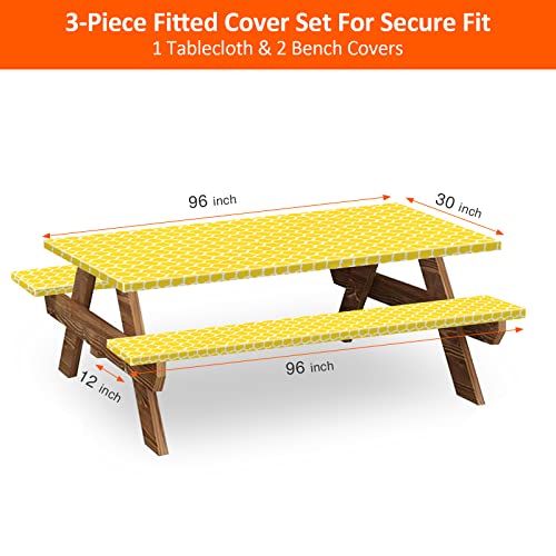 Kenobee 8Ft Picnic Table And Bench Fitted Tablecloth Cover, 96"X30" Flannel Backing Elastic Edge Waterproof Wipeable Plastic Cover Vinyl Tablecloth For Home Goods Indoor Outdoor Patio, Yellow Moroccan #TOP1