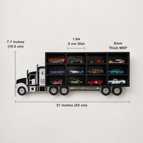Image of Truck Shape Die Cast Car Display Shelf for 1:64 Scale Toy Cars | Wall Mount MDF Display Case & Storage Organizer | Personalized Name Option | 12 Slots | Turbo Garage 12
