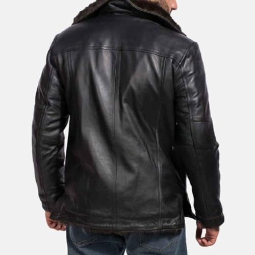 Men's Black Genuine Real Sheepskin Leather Jacket with Faux Fur Lining, Collar3