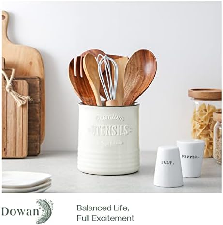 DOWAN Kitchen Utensil Holder, 5.4 Large Farmhouse Utensil Holders for Countertop, Heavy Ceramic Utensil CrockBeige