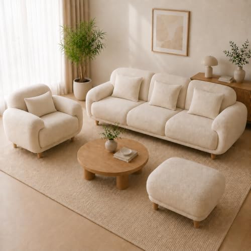 Image of Modern Classic Chesterfield Sofa for Living Room Bedroom Reception and Office 3+1+Ottoman Sofa for Living Room (Off White)