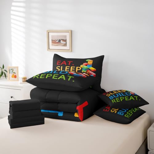 Image of Feelyou Colorful Toy 7 Piece Bedding Set Teen Women Men Funny Building Blocks Decoration Comforter Set with Sheets King Size Kids Boys Cute Games Bed in a Bag Colorful Geometric Brick Room Decor