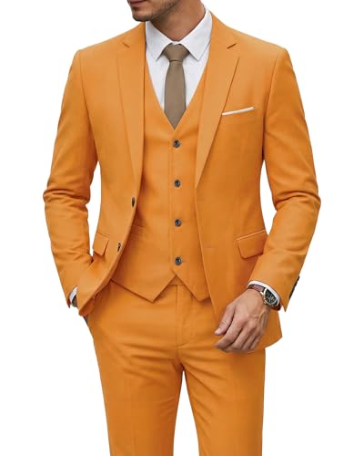 Image of YND Men's 3 Piece Suit with Tie, Solid Color Slim Fit Jacket Vest and Pants