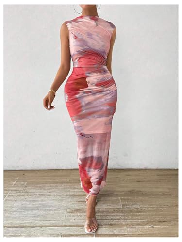 Image of Milumia Women's Printed Mock Neck Bodycon Maxi Dress Sleeveless Mesh Long Dress Party Cocktail