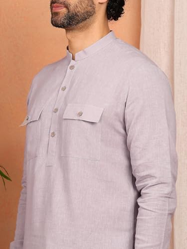 Image of See Designs Men's Full Sleeve Mandarin Collar Linen Solid Pathani Set
