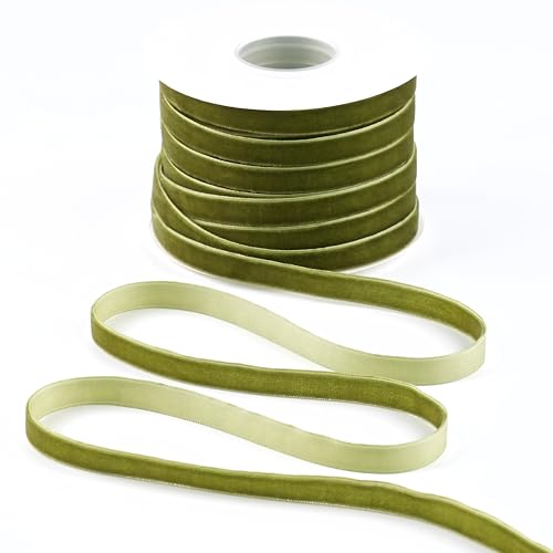 DINDOSAL Moss Green Velvet Ribbon 3/8 Inch Single Face Thin Velvet Ribbon for Gift Wrapping, Olive Green Ribbon for Christmas Decorations, Wedding, Ribbon for Hair Bows, Cafts, Bouquet - 25 Yards