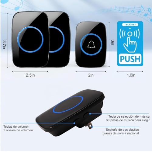 Image of Wireless Doorbell, 1 Transmitter and 2 Receiver, Waterproof Doorbell Adjustable Volume Range to 300 Meters with 60 Melodies, 5 Volume Levels, LED Indicator, Black