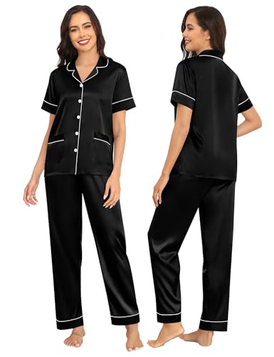 SWOMOG Couples Pajamas Sets Women & Men Satin Short Sleeve Sleepwear Button Down Loungewear Pjs Set with Long Pants Men - 2 Pockets Black Medium2