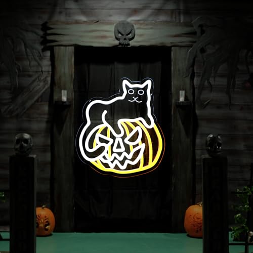 Image of Cat on Pumpkin Neon Sign for Halloween Party Decor, Dimmable LED Light for Playroom, Man Cave, Game Room, Bar - Halloween Gifts