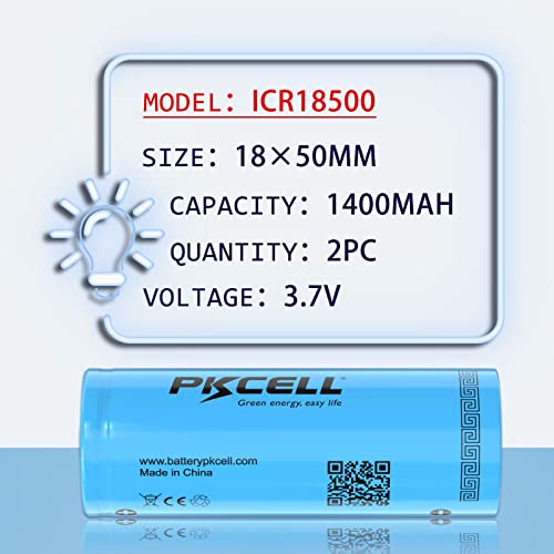 Pkcell Icr18500 Rechargeable Li-Ion Battery 3.7V 1400Mah Battery Button Top 2Pcs(Battery Size 18 * 50Mm) #TOP2