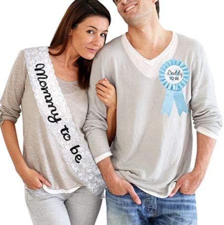 CoolerthingsDG, decoraciones de baby shower, banda de encaje blanco para mamá y un papá para ser y un papá para ser - Kit combinado de insignias de