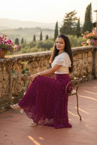 Image of Women's Lycra Top with Georgette Skirt | Polka Dot Print Long Flared Maxi | Full Length Flowy Skirt for Women | Stylish Casual Wear