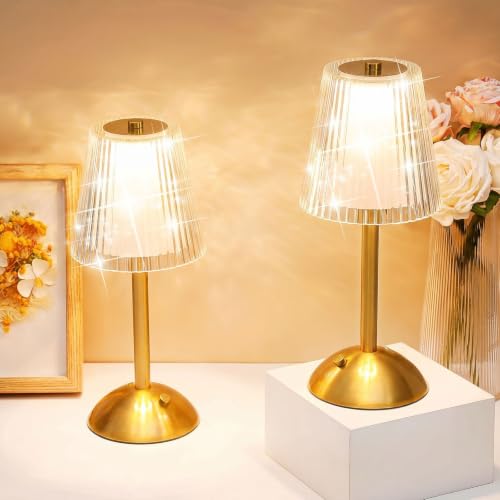 Image of Liliful 4 Pcs Cordless Table Lamp Rechargeable Touch LED Small Gold Portable Battery Operated USB-c Desk Lamp 3 Color Dimmable for Bedroom Living Room Dining (Gold,Hollow Lined Style)