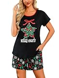 ENJOYNIGHT Cute Pajama Sets for Women Sleepwear Print Tee and Shorts Pajama Set Cotton Pj Set (X-Large, Xmas)